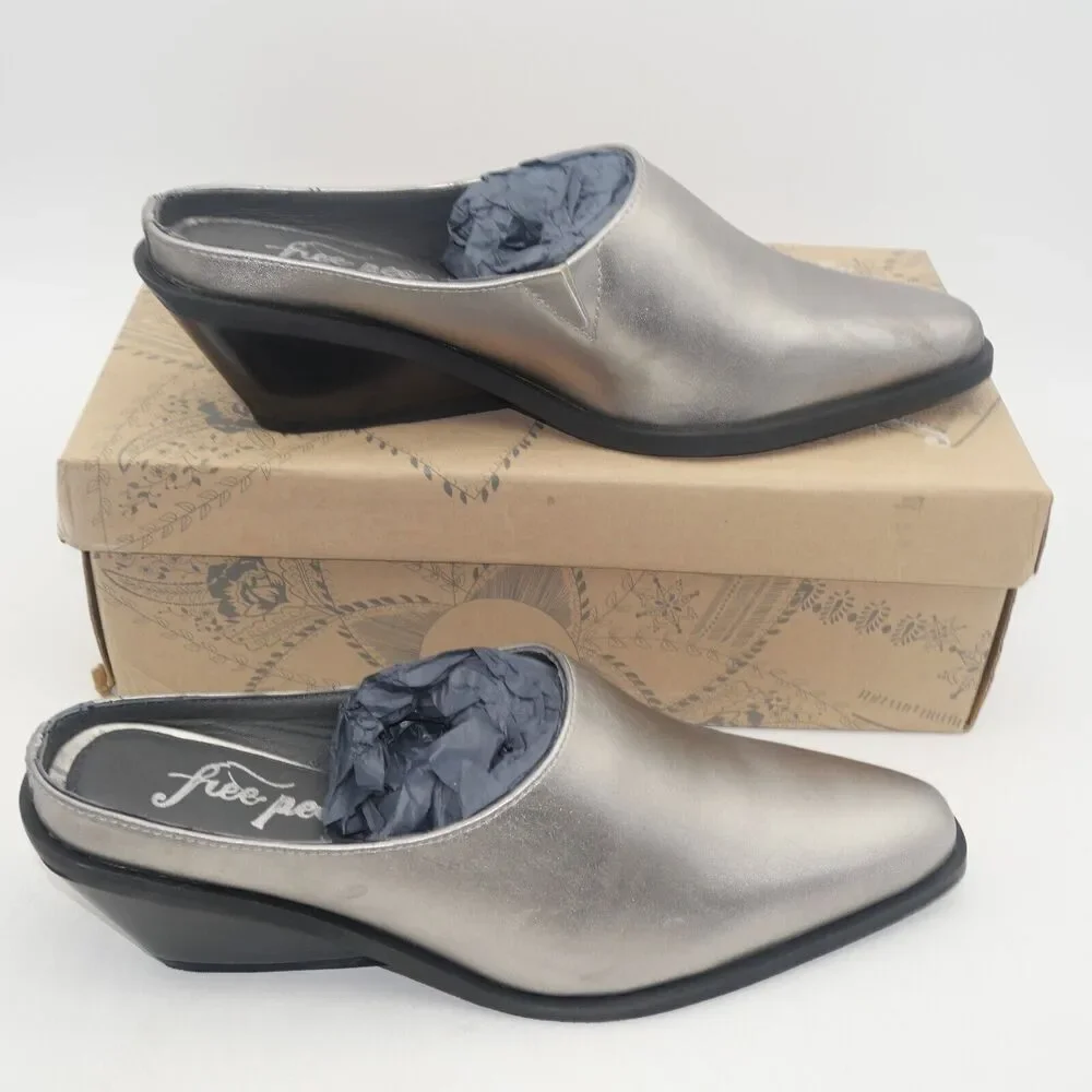 NEW Free People Women's 8.5 Tallulah Mules Shoes Western Wedge Platino Silver
